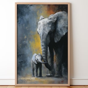 May include: Framed art print depicting an elephant and its calf. The artwork shows a large grey elephant and a smaller calf, both with textured skin. The background features a blend of blue, yellow, and orange, creating a warm and emotional scene.