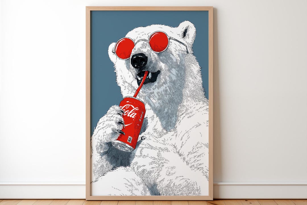 80s Style Arctic White Polar Bear Wearing Sunglasses Sipping Coca