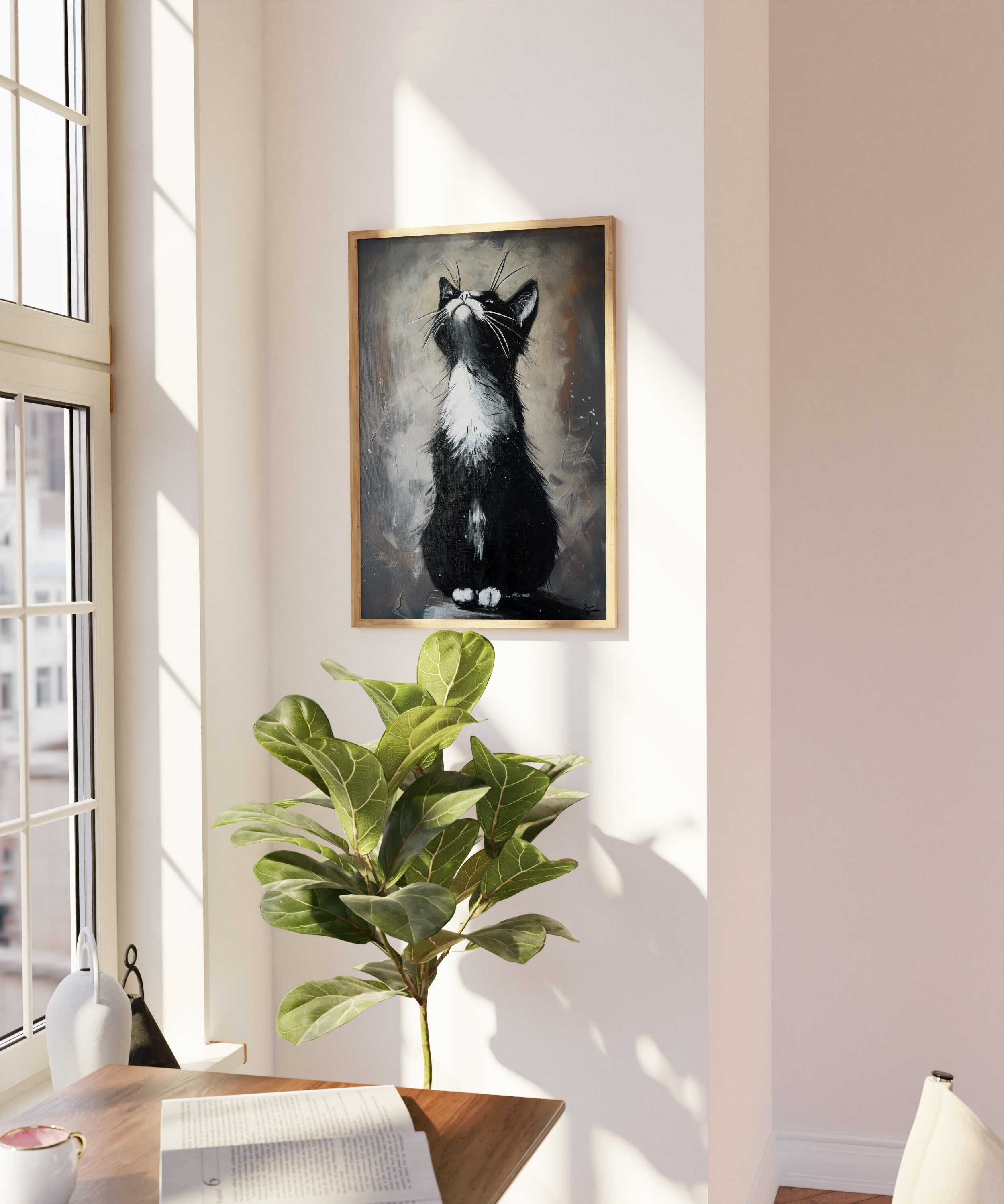 空を見上げる猫の壁画、かわいい猫のバンクシーの壁飾り、友人への動物 