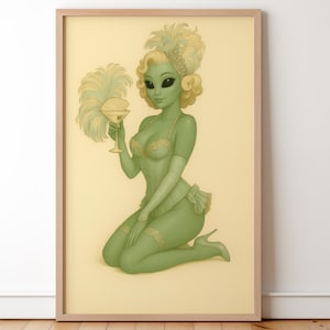 Alien Pin Up-väggkonst, retro sci-fi-affisch, burlesk stil, grön flicka, vintageinspirerad illustration, unik present till honom henne