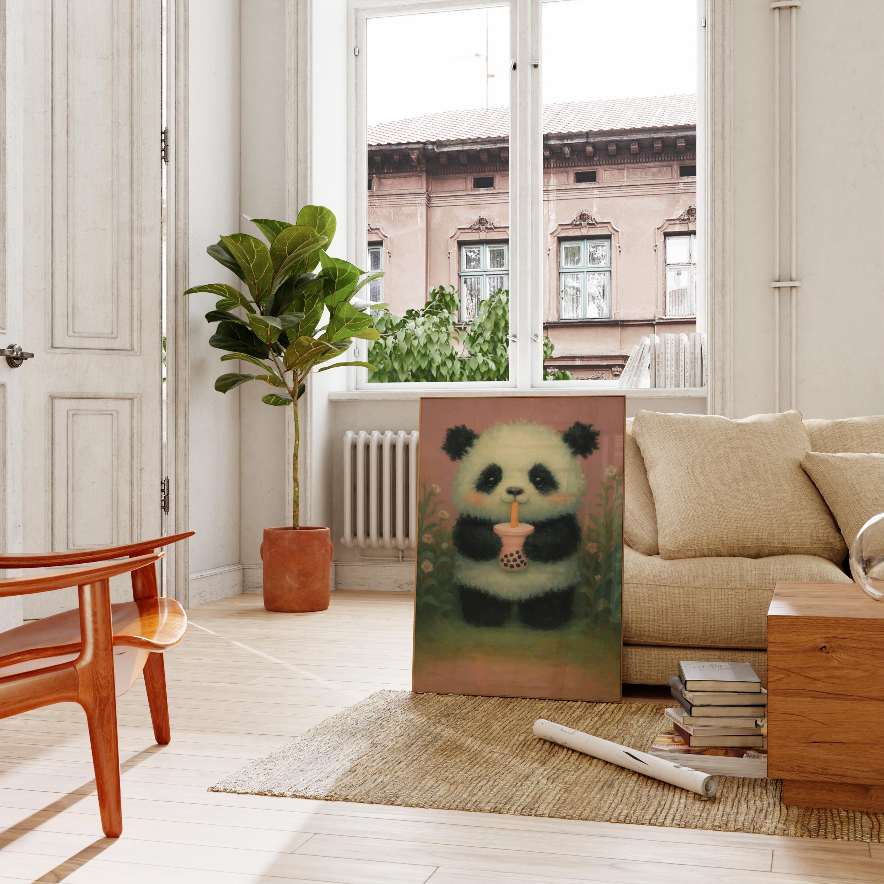 Cute Panda Drinking Boba Tea Wall Art, Adorable Bubble Tea Poster ...