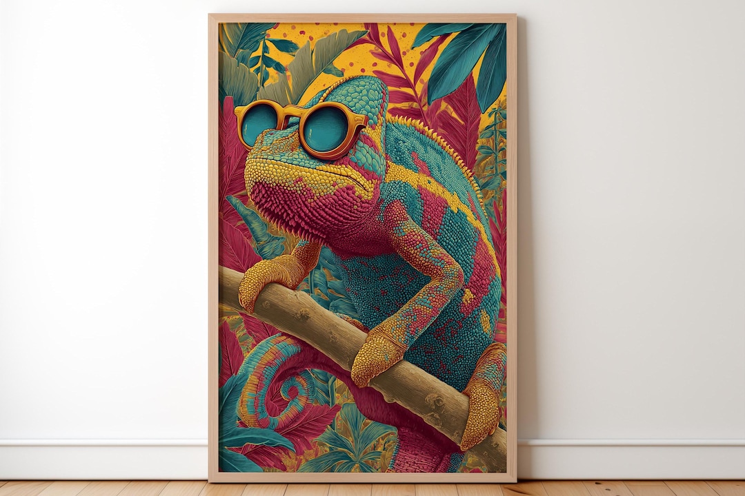Cool Chameleon Art Print, Colorful Animal Wall Decor, Funky Lizard ...