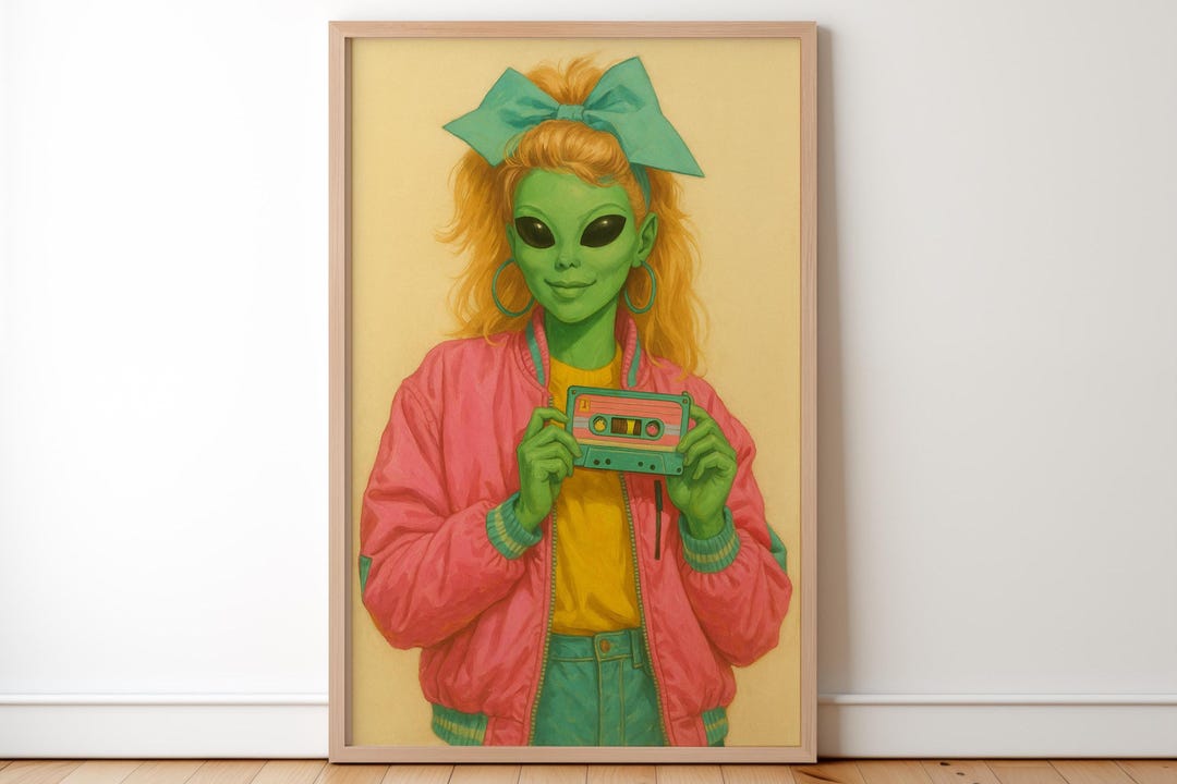 Retro 80s Alien Girl Wall Art, Vintage Sci Fi Pop Poster, Whimsical ...