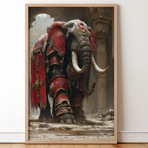 Puede incluir: Ilustración enmarcada de un elefante con armadura roja, con grandes colmillos, sobre un fondo de arquitectura antigua. La obra de arte está enmarcada en un marco de madera.