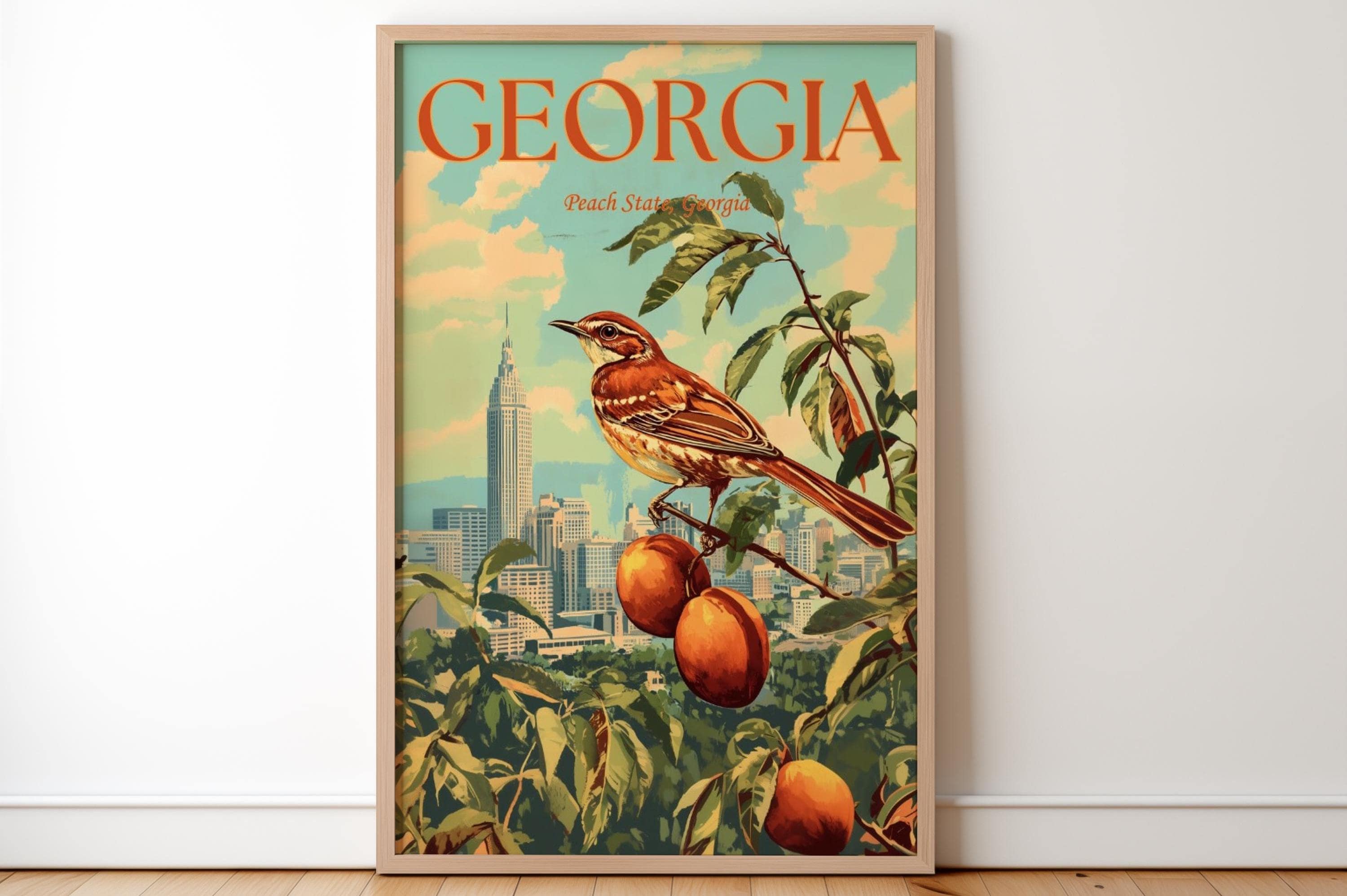Georgia Peach State Thrasher Standing on Branch City Background