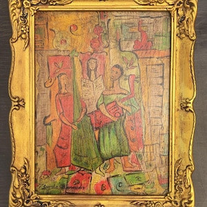 Dipinto vintage ad olio su legno di Cundo Bermudez firmato a mano e incorniciato