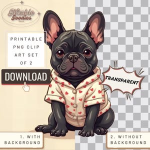 Frenchie PJs Clipart-Set Sofortiger Download — Lustiger Hund Pyjamas druckbare Aufkleber Kunst — Süße Französische Bulldogge PNG Sublimationsentwürfe