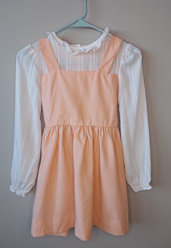 1980s Girl's Peach and White Faux Pinafore Dress