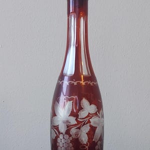Vintage Bohemian Style Ruby Red Etched Glass Decanter