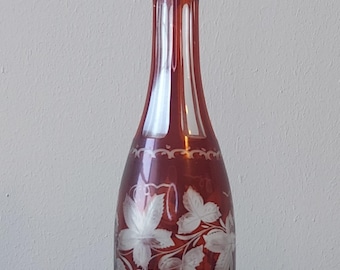 Vintage Bohemian Style Ruby Red Etched Glass Decanter