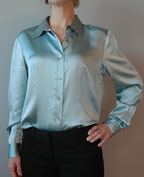 1990s Pale Green 100% Silk Blouse by Talbots Size 