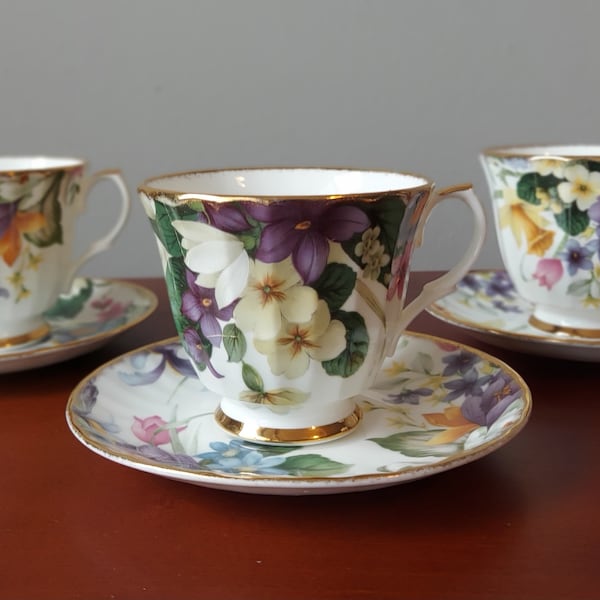 Set of 3 Vintage Duchess Fine Bone China Tea Cups with Saucers