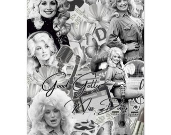 Può includere: Collage in bianco e nero con più immagini di una donna bionda, farfalle, fiori, un microfono, una chitarra e la scritta "Good Golly Miss Dolly".