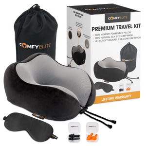 May include: A travel kit featuring a black and gray memory foam neck pillow, a black eye mask, and reusable silicone ear plugs. The kit includes a black drawstring bag and a box with the "COMFYELITE" logo and product details.