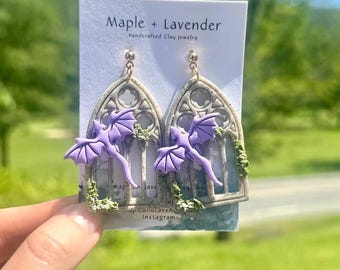 Light Purple Dragon Earrings – Polymer Clay Cathedral Window Dangles – Fantasy Bookish Jewelry Gift