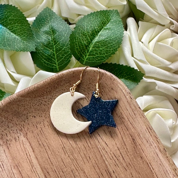 Star and Moon Earrings | Dangle Earrings | Polymer Clay Earrings | Handmade Jewelry