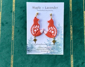 Floral Fox Earrings – Cottagecore Polymer Clay Dangle Earrings with Star Charms – Handmade Woodland Jewelry Gift