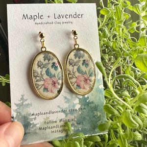 Vintage Whimsical Floral Earrings | Flower Earrings | Gold Frame Earrings | Polymer Clay Earrings | Clay Dangle Earrings | Handmade Jewelry