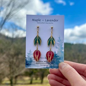 Red Tulip Earrings | Flower Earrings | Spring Dangle Earrings | Polymer Clay Earrings | Handmade Jewelry