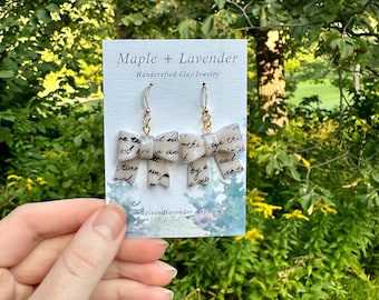 Script Bow Earrings | Literature Bows | Book Bows | Book Lover| Ribbon Earrings | Dangle Earrings | Polymer Clay Earrings | Handmade Jewelry