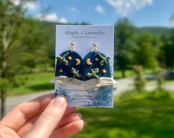 Open Book with Dragons Earrings | Fantasy Earrings | Night Sky Earrings | Bookish Earrings | Polymer Clay Earrings | Handmade Jewelry