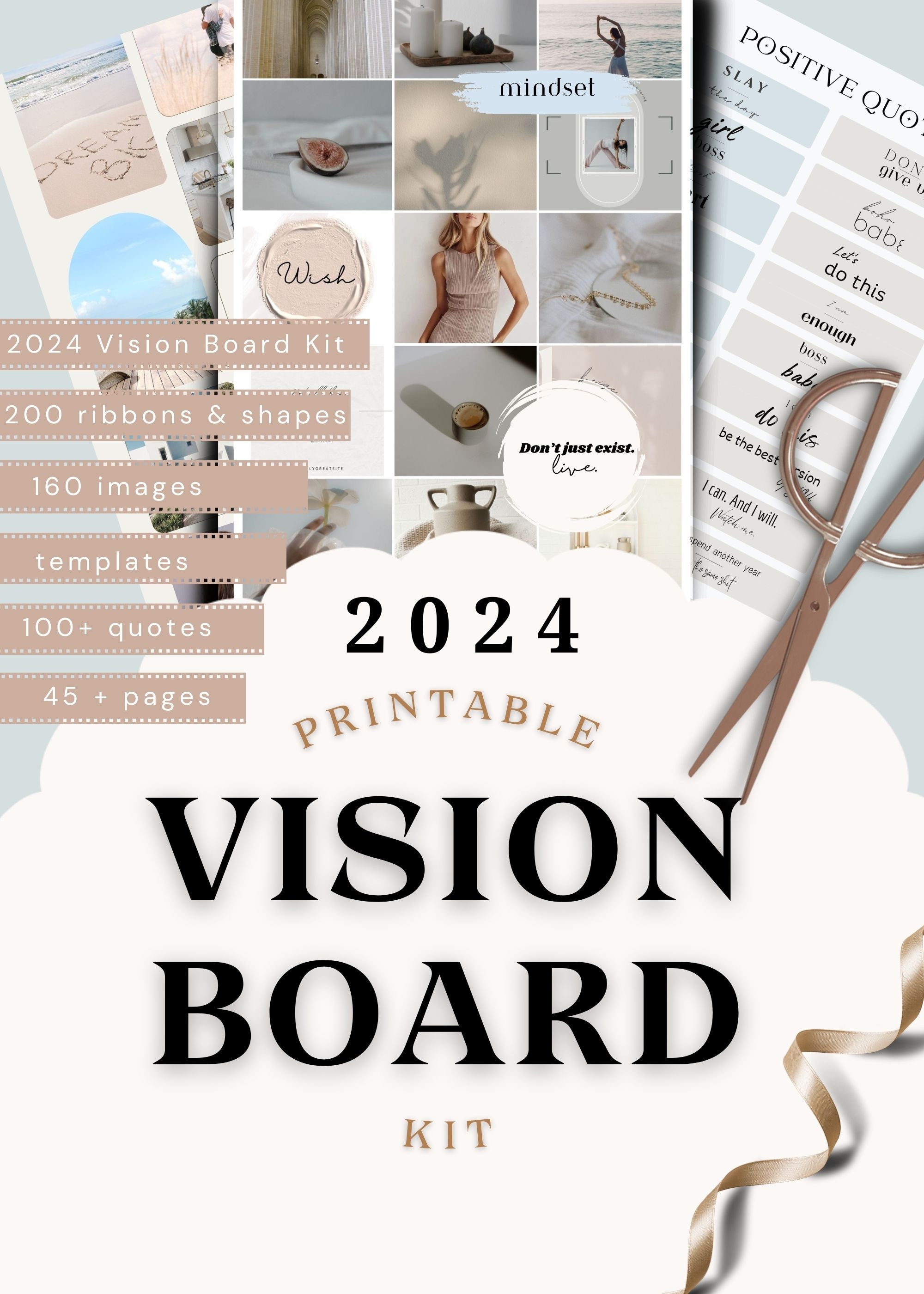 2024 A Year Of Dreams Vision Board Book For Women And Teenage Girls: + 250  Clip Art, Quotes, Motivational Affirmations, and Interactive Pages To Cut