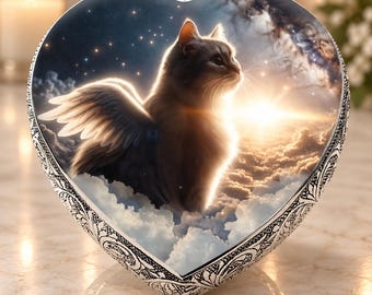 May include: A heart-shaped decorative plaque featuring a central image of a winged cat amidst clouds and a starry sky. The border of the heart is crafted from silver-toned metal with an intricate, embossed scrollwork pattern along the outer edge.