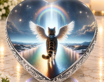 May include: A heart-shaped plaque featuring a tabby cat with large white wings walking toward a glowing rainbow bridge. The scene includes a starry night sky, clouds, and a reflective path. The plaque has an ornate silver-toned metal border.
