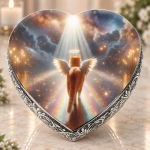 Puede incluir: Una placa en forma de corazón que muestra un gato naranja con alas blancas y un halo caminando hacia una luz brillante en un cielo estrellado. La placa tiene un borde de metal plateado con un intrincado patrón en relieve.
