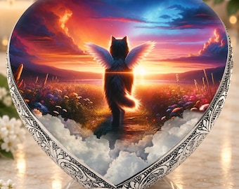 May include: A heart-shaped decorative plaque featuring a vibrant sunset landscape with a central cat silhouette adorned with white feathered wings. The scene includes a colorful sky, a field of flowers, and clouds, framed by an ornate silver border.
