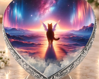 May include: A heart-shaped decorative plaque featuring a central image of a winged cat silhouette standing before a large sun, set against a vibrant sky with purple and blue aurora borealis, framed by an ornate silver-toned metal border with scrollwork.