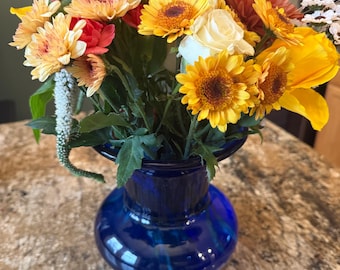 ヴィンテージ 大型日本製コバルトブルー花瓶、金箔押し花模様、12