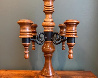 Candelabro antiguo de 5 brazos de madera y metal de 14,25 pulgadas