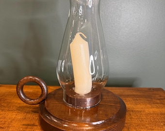 Vintage Hurricane Glass Kerzenhalter aus Holz