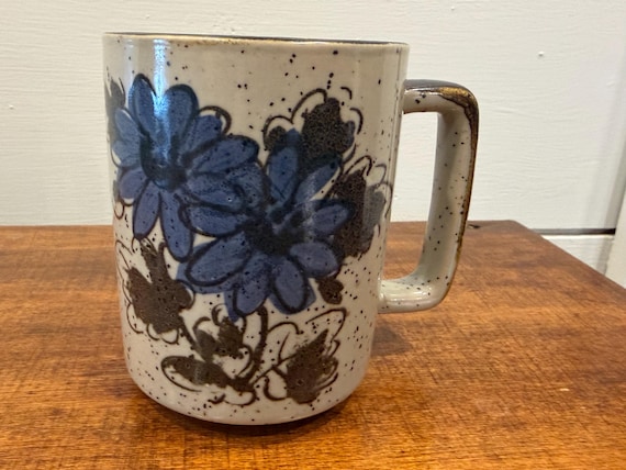 Vintage Stoneware Mug with Blue Floral Design