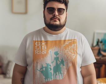 May include: White t-shirt with a graphic design featuring figures on horseback and the text "EX LIBRIS SIGNA TEMPORIS" in orange, teal, and pink. The shirt is worn by a person wearing sunglasses.