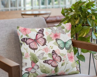 Butterflies in Spring Time - Spun Polyester Square Pillow; 4 Sizes; Floral; Flower; Butterfly; Decorative; Living Room; Bedroom