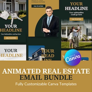 15 Pacote de marketing por e-mail imobiliário animado | Modelos editáveis de e-mail imobiliário | Modelo de e-mail do Canva para imóveis | Tema Ouro