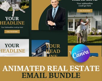 15 geanimeerde e-mailmarketingbundel voor onroerend goed | Bewerkbare e-mailsjablonen voor onroerend goed | Canva-e-mailsjabloon voor onroerend goed | Gouden thema