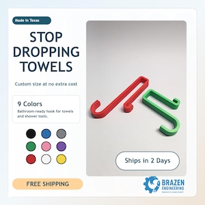 May include: Red and green towel hooks with a curved design. The text "STOP DROPPING TOWELS" is displayed above the hooks. The image also shows a color palette with nine color options for the hooks.