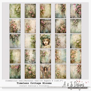 Fleurs cottage intemporelles | 25 papiers numériques | Pages vintage de journal floral indésirable | Fonds d'écran romantiques | Kit imprimable 11 x 8,5 po.