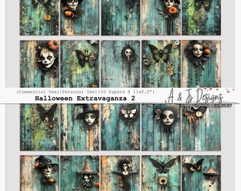 May include: A digital paper pack with 20 Halloween themed designs. The designs feature a turquoise wood background with various Halloween characters, including skeletons, pumpkins, and butterflies. The text "Halloween Extravaganza 2" and "A & J Designs" are visible in the image.