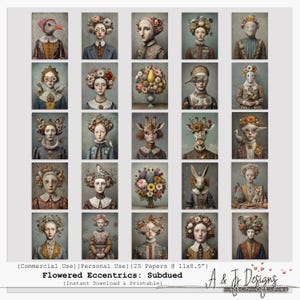 Op de afbeelding: Een verzameling van 25 digitale kunstprints met grillige portretten met bloemen en dierlijke elementen. De portretten zijn in gedempte tinten en bevatten de tekst "Flowered Eccentrics: Subdued" en "A & J Designs". Elke print is 27,9 x 21,6 cm.
