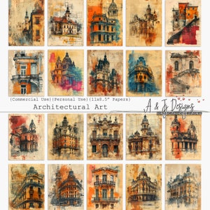 Architectural Art, CU, PU, Printable, Papers, Ephemera, JPG, Junk Journal, Scrapbooking, Mixed Media, 11x8.5&quot;, Digital Downloadable Art