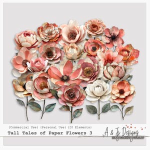 Grandes histoires de fleurs en papier 3, Clipart floral vintage original rose pour journaux indésirables, scrapbooking, travaux manuels et collages numériques, fichiers PNG