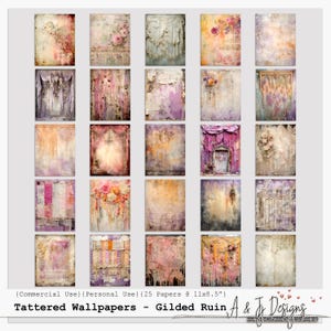 Tattered Wallpapers - Vergoldete Ruine, gealtertes Vintages Digital Papier, Distressed Ornate Hintergründe, Junk Journal, Scrapbooking, 11x8,5"