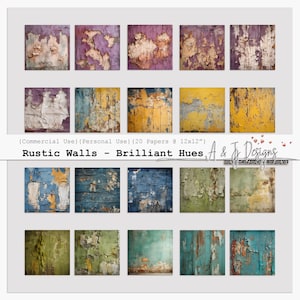Rustic Walls - Brilliant Hues, 20 carte da parati rustiche digitali, 12x12", carta per scrapbooking e diario spazzatura per lavori artigianali, tecniche miste