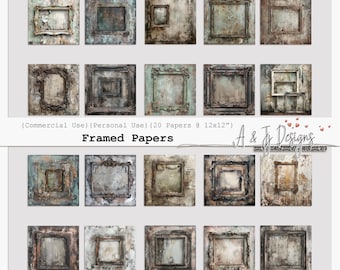 May include: Twenty digital papers featuring distressed, framed backgrounds in various shades of brown, gray, and blue. Each paper is 12 inches by 12 inches.