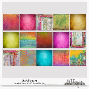May include: A collection of 15 scrapbook papers, each with a unique textured design. The papers feature a variety of colors, including pink, green, blue, and yellow. Each paper measures 12 x 12 inches. The text "ArtScape" and "Scrapbook Papers - 12 x 12" are visible.
