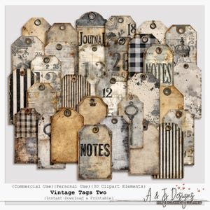 Puede incluir: Un conjunto de etiquetas de estilo vintage con diseños variados. Las etiquetas presentan texturas desgastadas, rayas y textos como "Journal" y "Notes". Algunas etiquetas tienen ojales metálicos. La paleta de colores incluye beige, marrón y negro.